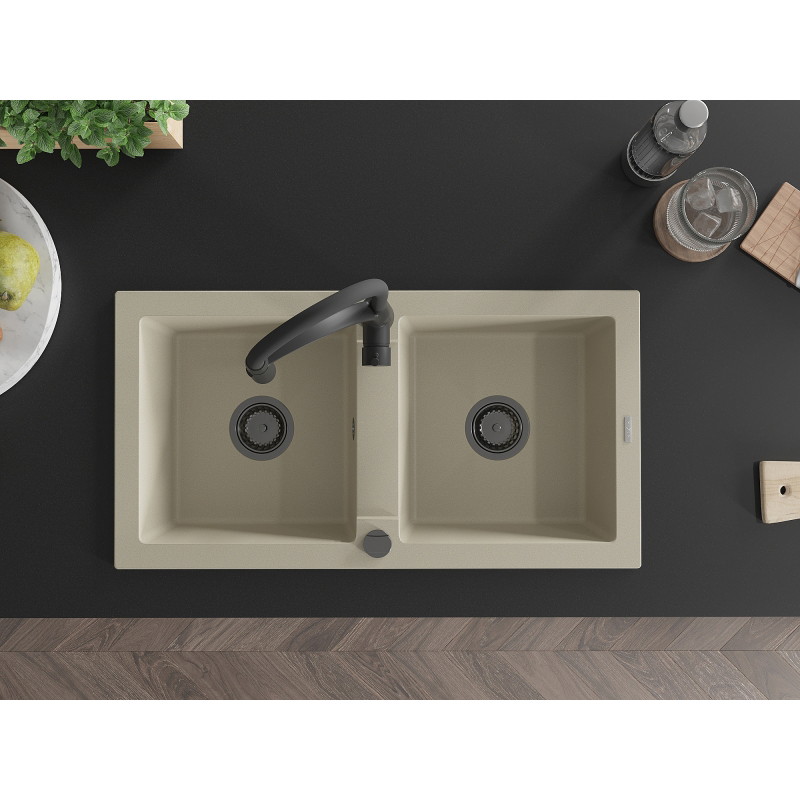 Mexen Mario 2-bowl granite sink with Aster kitchen faucet, beige - 6504-69-73450-70-B