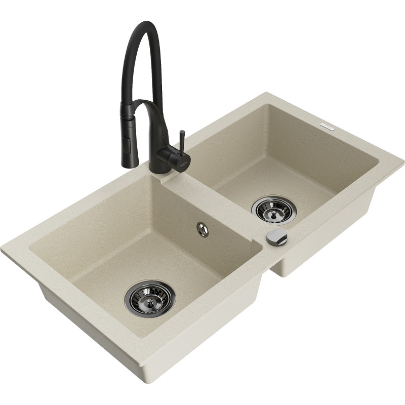 Mexen Mario 2-bowl granite sink with Aster kitchen faucet, beige - 6504-69-73450-70-B
