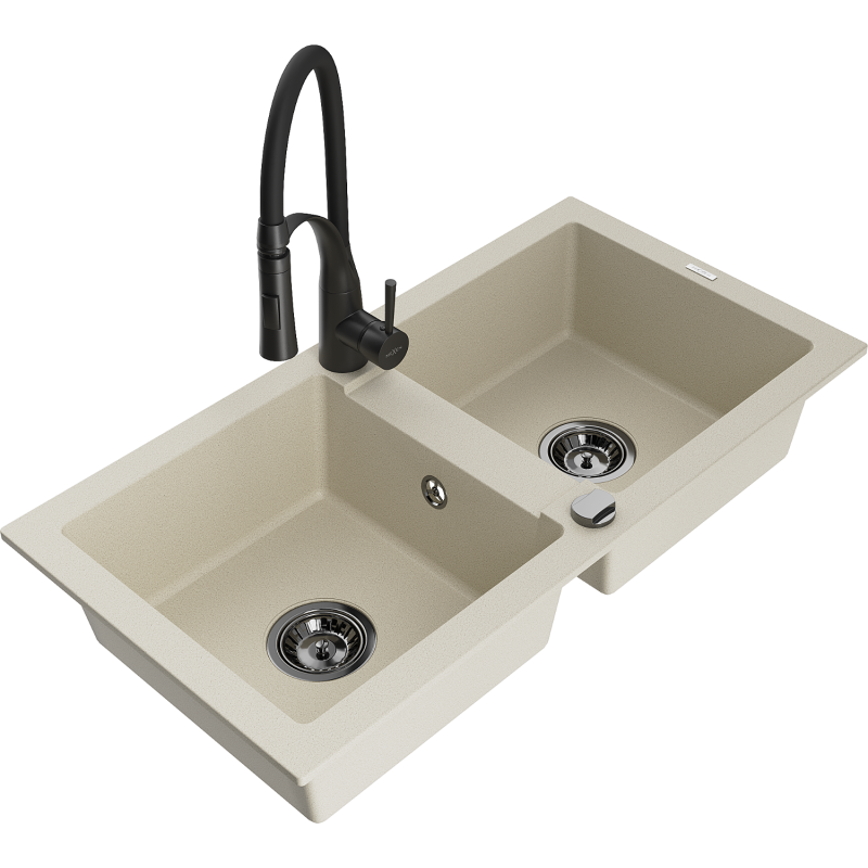 Mexen Mario 2-compartment granite sink with a kitchen mixer tap Aster, Beige - 6504-69-73450-70-B
