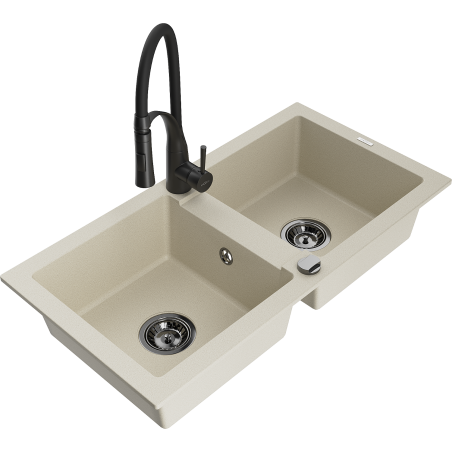 Mexen Mario 2-bowl granite kitchen sink with Aster tap, beige - 6504-69-73450-70-B