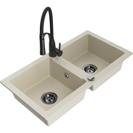Mexen Mario 2-bowl granite sink with Aster kitchen faucet, beige - 6504-69-73450-70-B