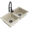 Mexen Mario 2-bowl granite sink with Aster kitchen faucet, beige - 6504-69-73450-70-B