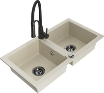 Mexen Mario 2-bowl granite kitchen sink with Aster tap, beige - 6504-69-73450-70-B