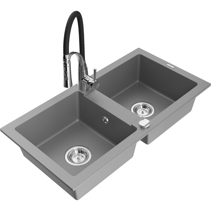 Mexen Mario 2-bowl granite kitchen sink with Aster faucet, gray - 6504-71-73450-07