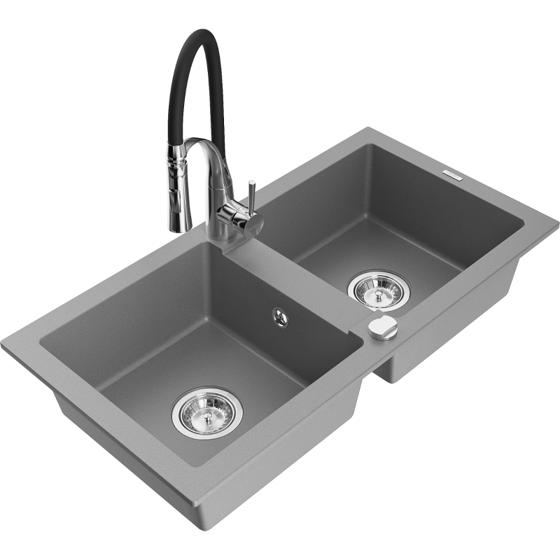 Mexen Mario granite kitchen sink 2-chamber with Aster kitchen tap, grey - 6504-71-73450-07