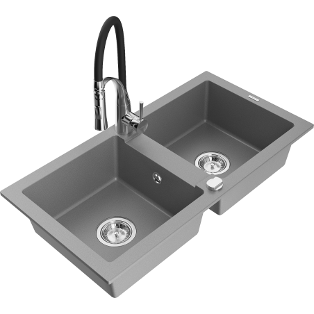 Mexen Mario 2-compartment granite sink with a kitchen mixer tap Aster, Grey - 6504-71-73450-07