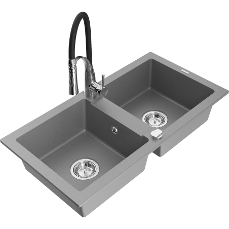 Mexen Mario granite kitchen sink 2-chamber with Aster kitchen tap, grey - 6504-71-73450-07
