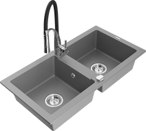 Mexen Mario granite kitchen sink 2-chamber with Aster kitchen tap, grey - 6504-71-73450-07