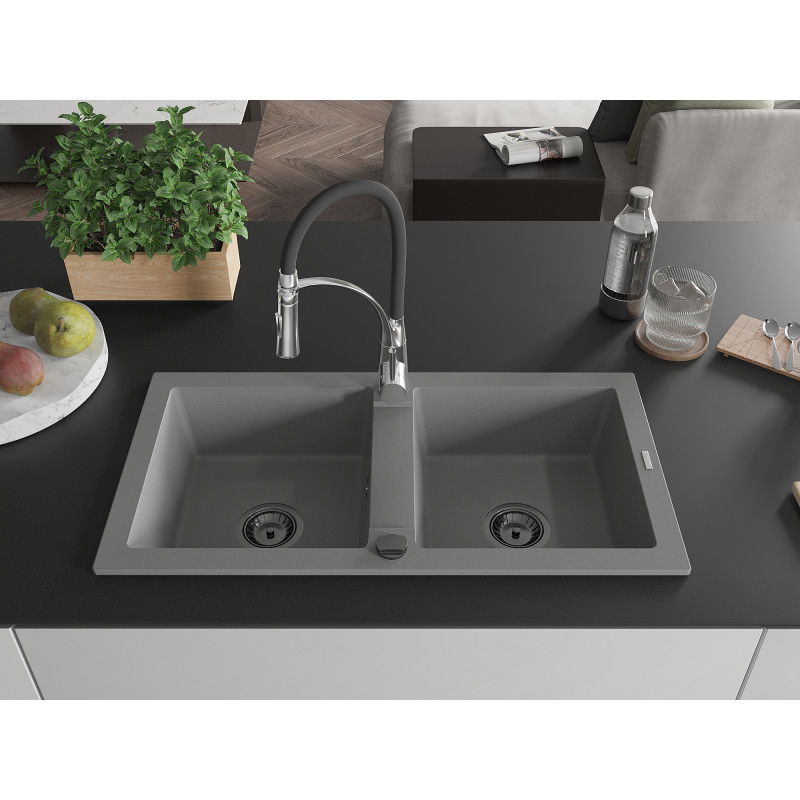 Mexen Mario 2-Bowl Granite Sink with Aster Kitchen Tap, Grey - 6504-71-73450-07-B