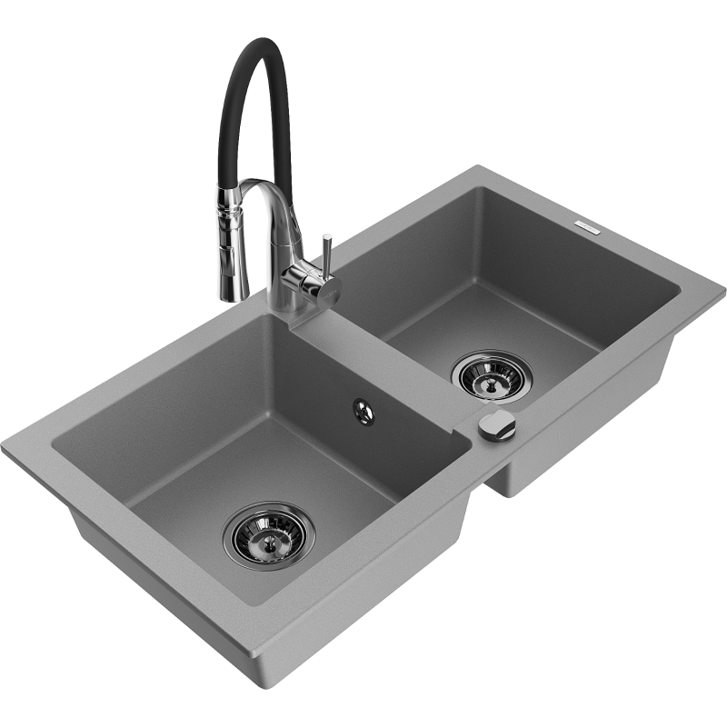 Mexen Mario 2-Bowl Granite Sink with Aster Kitchen Tap, Grey - 6504-71-73450-07-B
