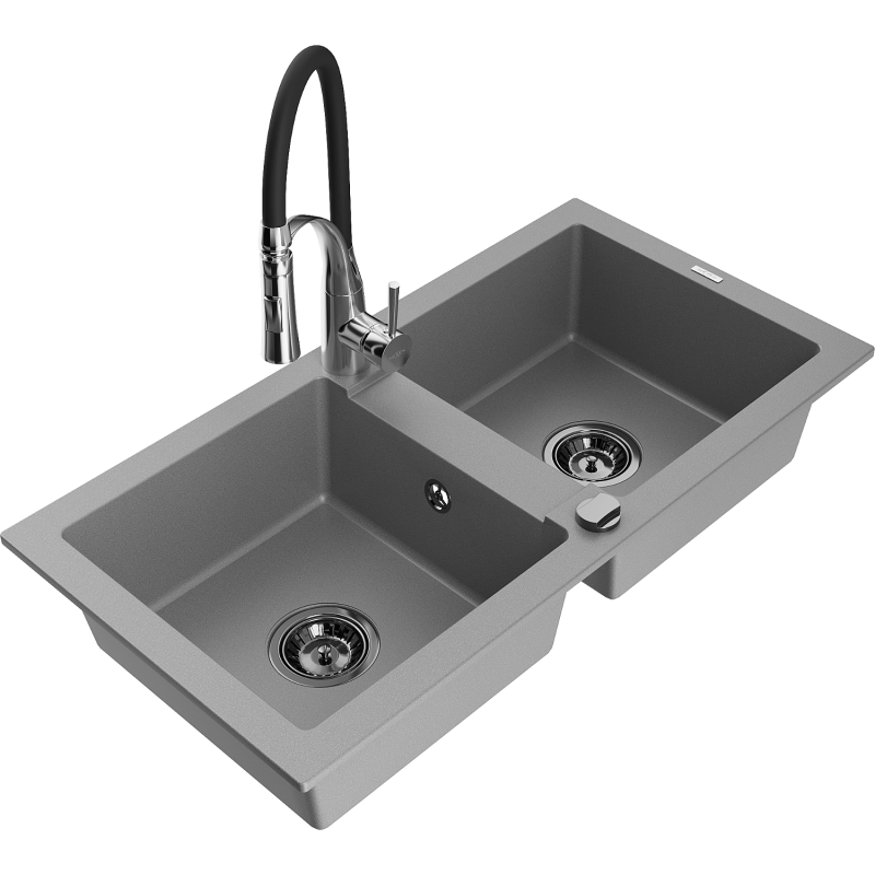 Mexen Mario 2-compartment granite sink with a kitchen mixer tap Aster, Grey - 6504-71-73450-07-B