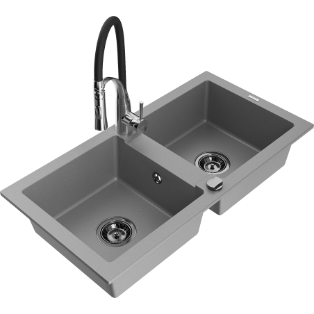 Mexen Mario 2-Bowl Granite Sink with Aster Kitchen Tap, Grey - 6504-71-73450-07-B