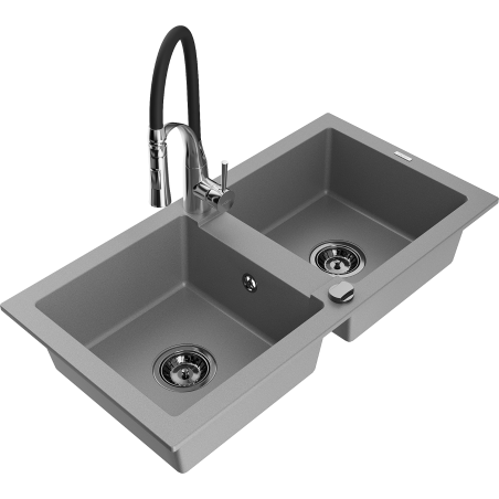 Mexen Mario 2-compartment granite sink with a kitchen mixer tap Aster, Grey - 6504-71-73450-07-B
