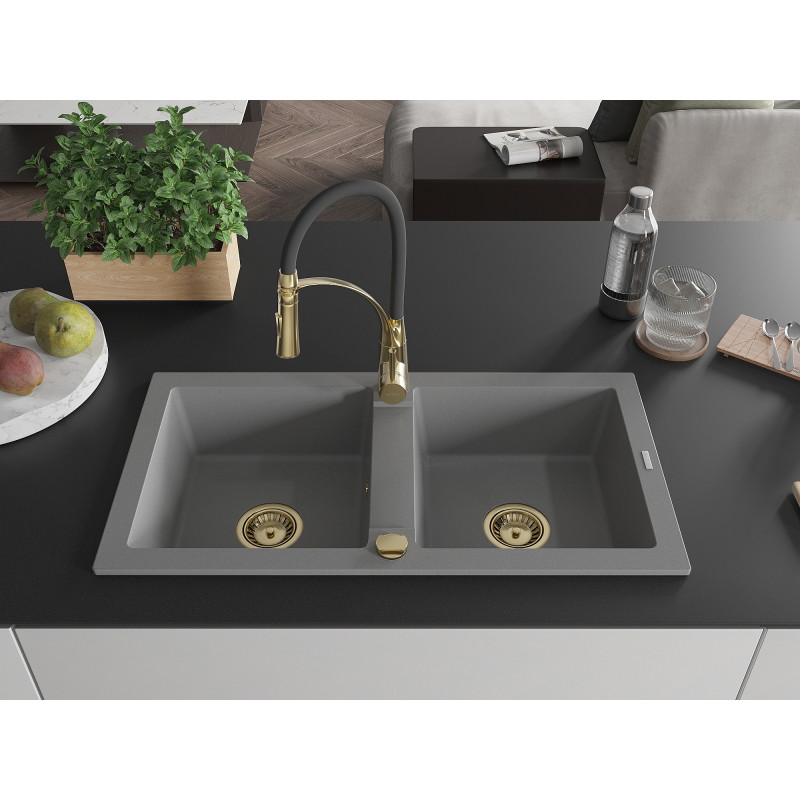 Mexen Mario granite double bowl sink with Aster kitchen faucet, gray - 6504-71-73450-57-G