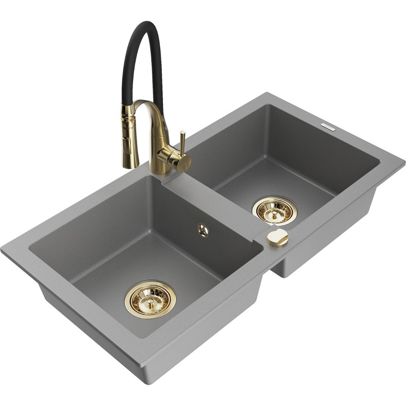 Mexen Mario 2-bowl granite sink with Aster kitchen faucet, gray - 6504-71-73450-57-G