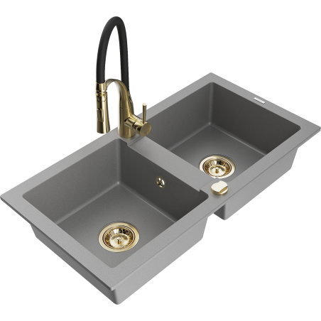 Mexen Mario 2-bowl granite sink with Aster kitchen faucet, gray - 6504-71-73450-57-G
