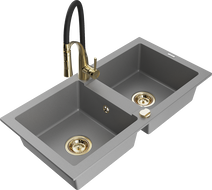 Mexen Mario granite double bowl sink with Aster kitchen faucet, gray - 6504-71-73450-57-G