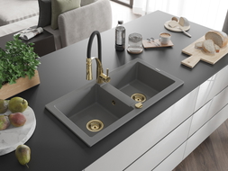 Mexen Mario granite double bowl sink with Aster kitchen faucet, gray - 6504-71-73450-57-G