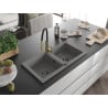 Mexen Mario granite kitchen sink 2-bowl with Aster kitchen tap, grey - 6504-71-73450-57-B
