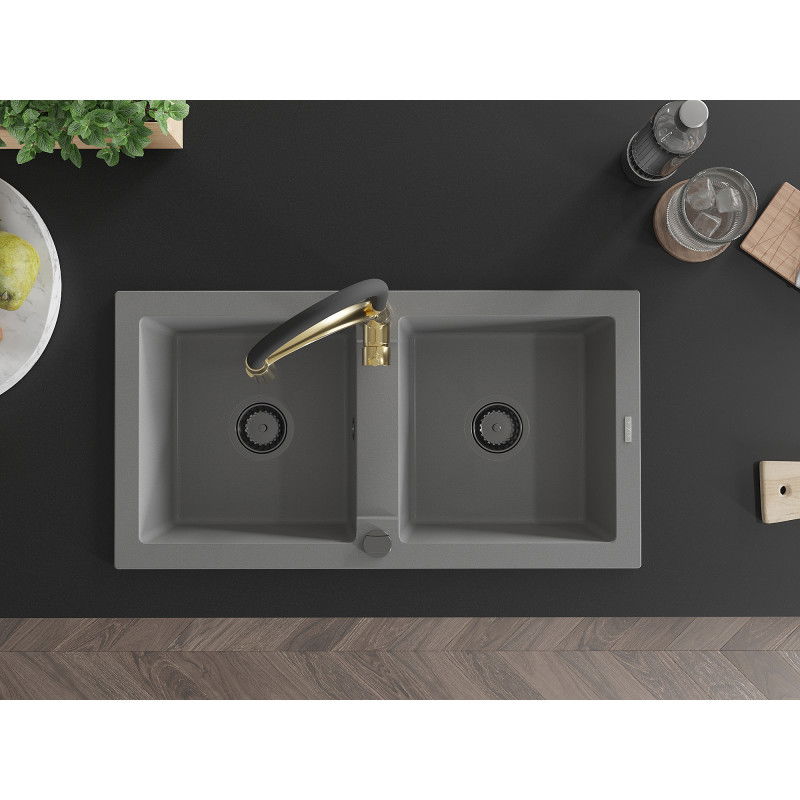 Mexen Mario granite kitchen sink 2-bowl with Aster kitchen tap, grey - 6504-71-73450-57-B
