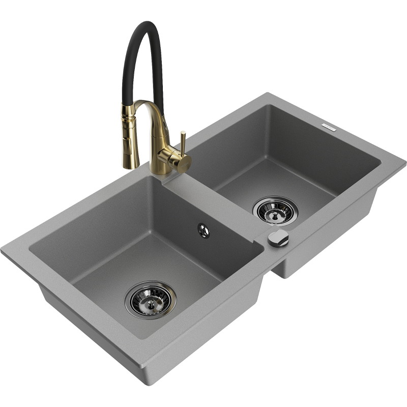 Mexen Mario 2-chamber granite sink with Aster kitchen faucet, gray - 6504-71-73450-57-B