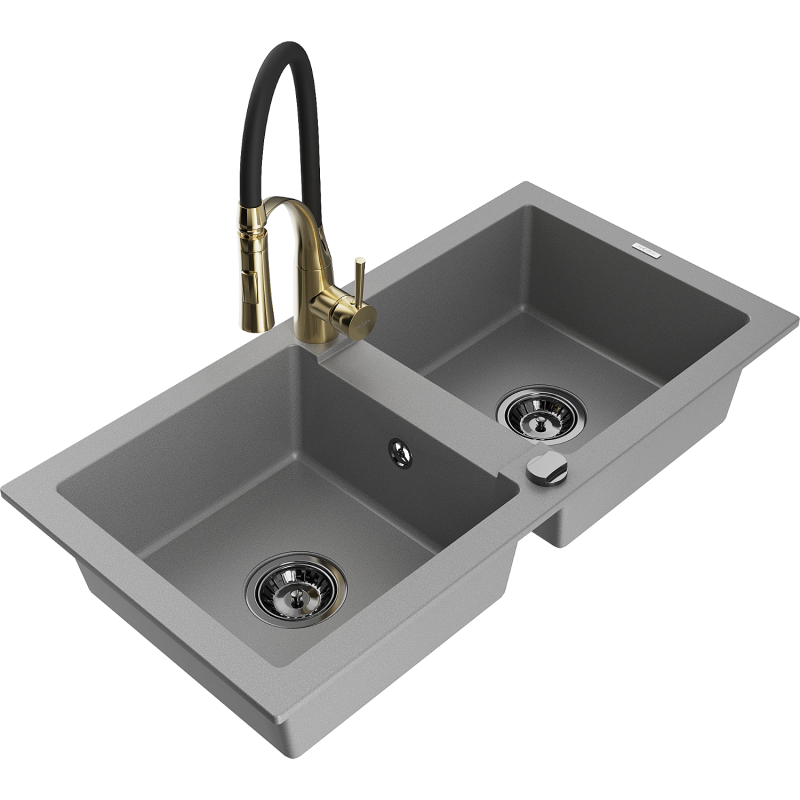 Mexen Mario 2-compartment granite sink with a kitchen mixer tap Aster, Grey - 6504-71-73450-57-B