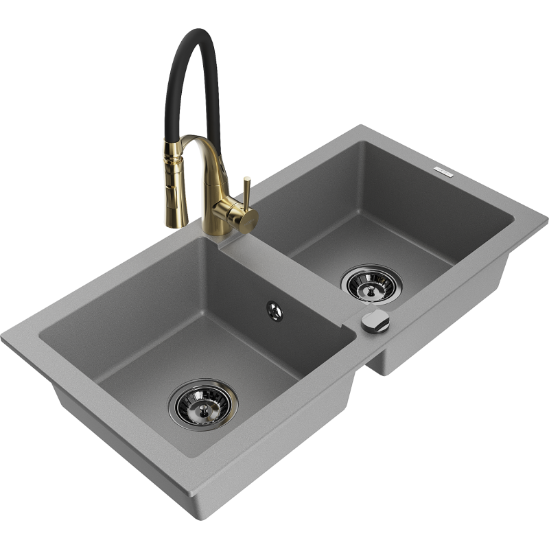 Mexen Mario granite kitchen sink 2-bowl with Aster kitchen tap, grey - 6504-71-73450-57-B