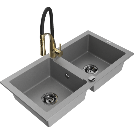 Mexen Mario 2-chamber granite sink with Aster kitchen faucet, gray - 6504-71-73450-57-B