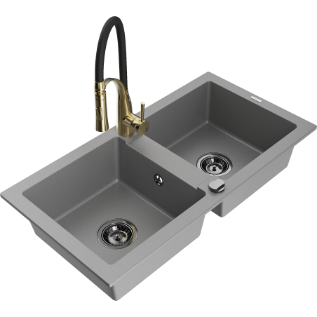 Mexen Mario granite kitchen sink 2-bowl with Aster kitchen tap, grey - 6504-71-73450-57-B