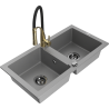 Mexen Mario granite kitchen sink 2-bowl with Aster kitchen tap, grey - 6504-71-73450-57-B