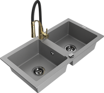 Mexen Mario 2-chamber granite sink with Aster kitchen faucet, gray - 6504-71-73450-57-B