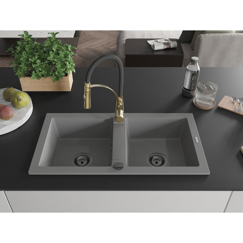 Mexen Mario granite kitchen sink 2-bowl with Aster kitchen tap, grey - 6504-71-73450-57-B