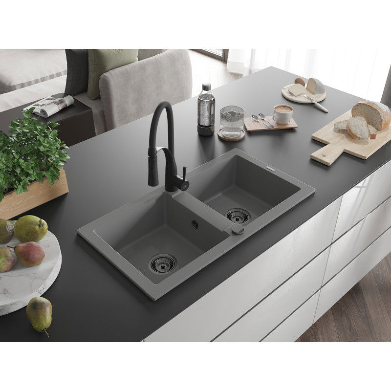 Mexen Mario 2-Bowl Granite Sink with Aster Kitchen Tap, Grey - 6504-71-73450-70-B