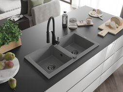 Mexen Mario granite double-bowl kitchen sink with Aster kitchen faucet, gray - 6504-71-73450-70-B