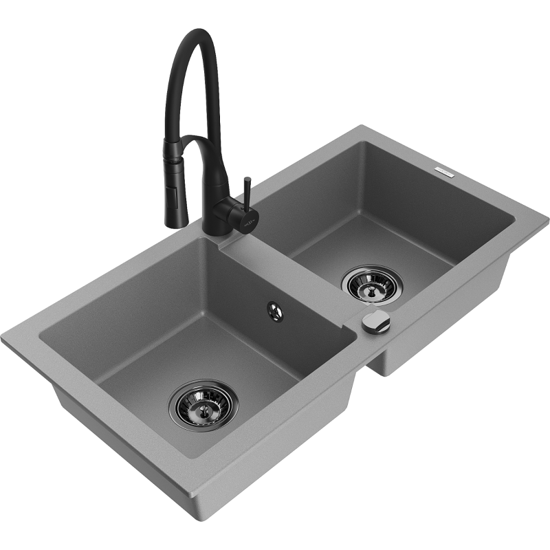 Mexen Mario 2-Bowl Granite Sink with Aster Kitchen Tap, Grey - 6504-71-73450-70-B