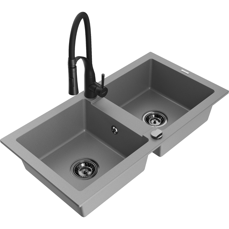 Mexen Mario 2-compartment granite sink with a kitchen mixer tap Aster, Grey - 6504-71-73450-70-B