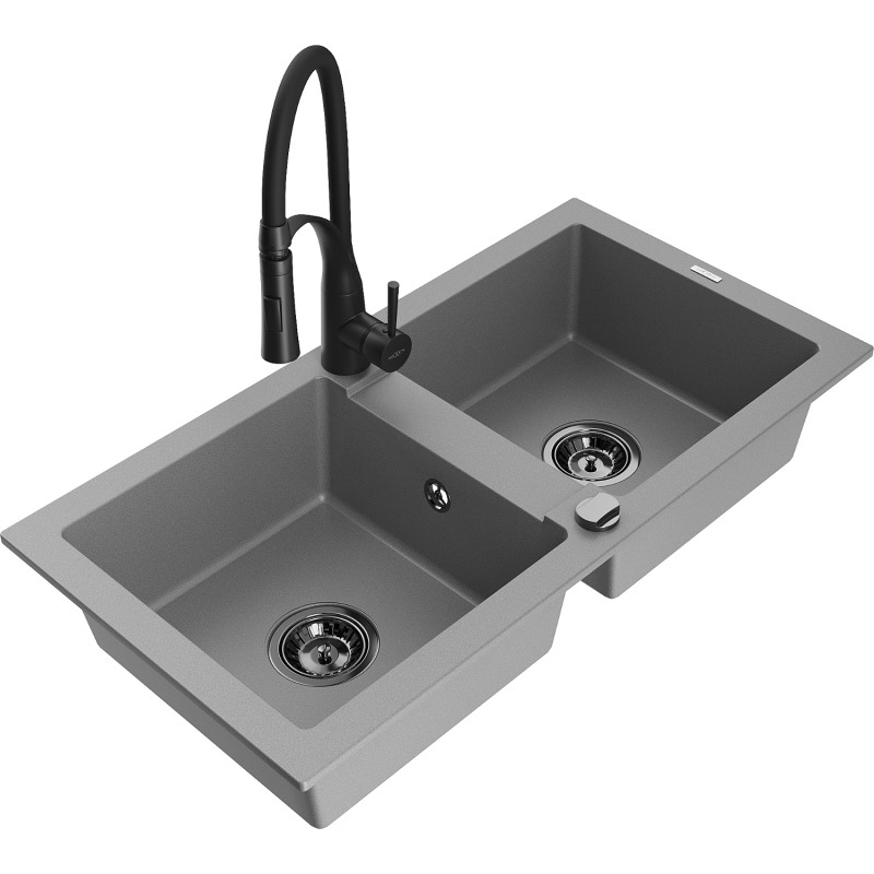 Mexen Mario granite double-bowl kitchen sink with Aster kitchen faucet, gray - 6504-71-73450-70-B