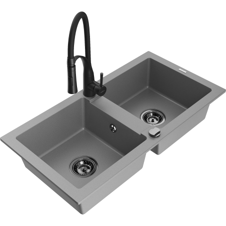Mexen Mario 2-Bowl Granite Sink with Aster Kitchen Tap, Grey - 6504-71-73450-70-B