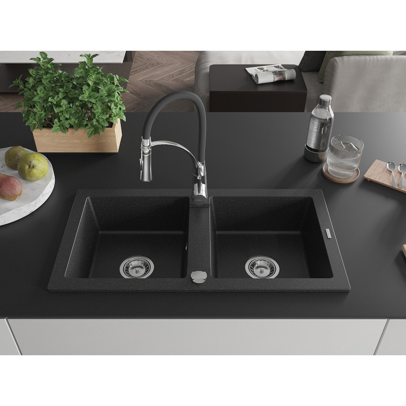 Mexen Mario granite double-bowl kitchen sink with Aster kitchen faucet, black/silver metallic - 6504-73-73450-07