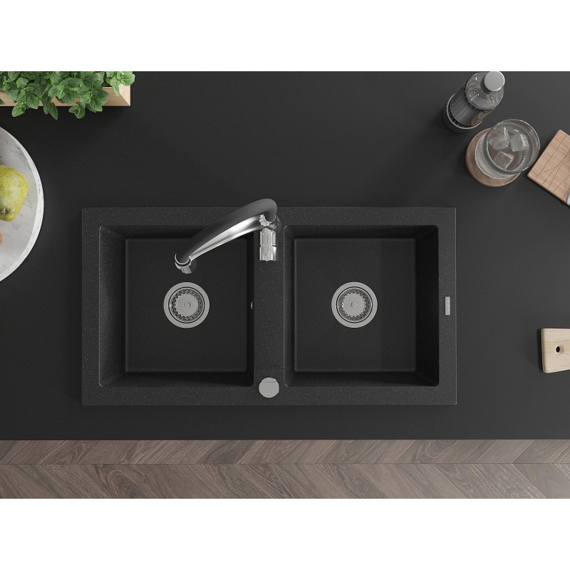 Mexen Mario granite double-bowl kitchen sink with Aster kitchen faucet, black/silver metallic - 6504-73-73450-07