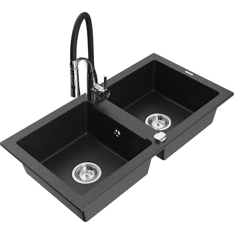Mexen Mario granite double-bowl kitchen sink with Aster kitchen faucet, black/silver metallic - 6504-73-73450-07