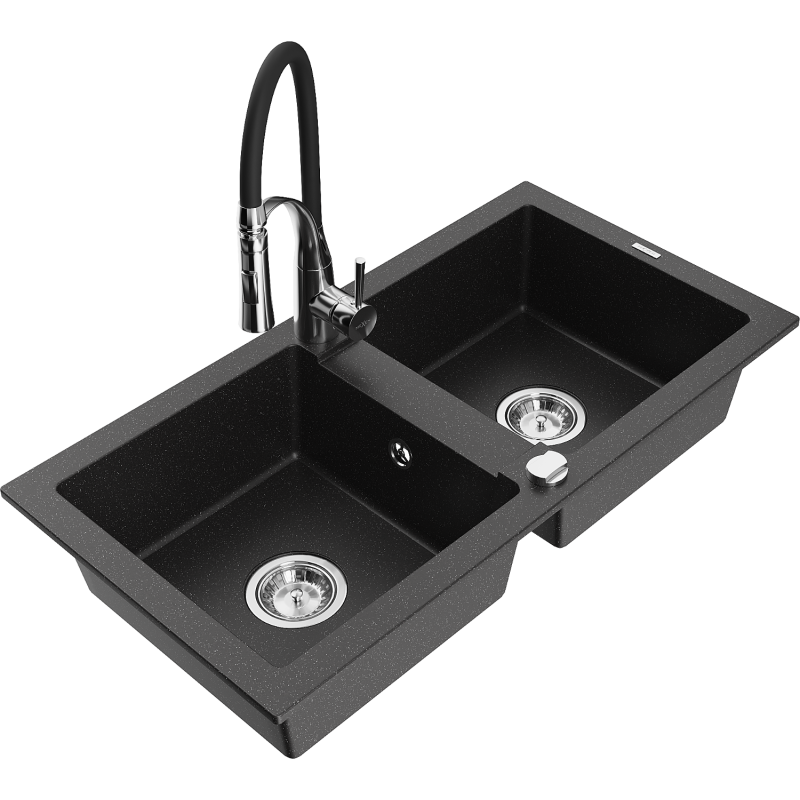 Mexen Mario granite sink 2-bowl with Aster kitchen tap, black/silver metallic - 6504-73-73450-07
