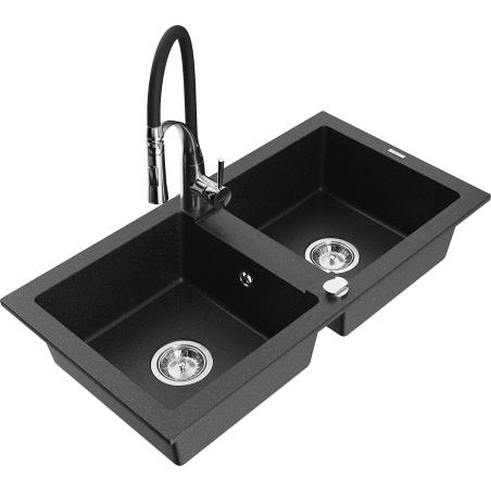 Mexen Mario granite double-bowl kitchen sink with Aster kitchen faucet, black/silver metallic - 6504-73-73450-07