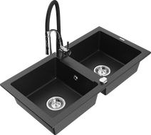 Mexen Mario granite kitchen sink 2-chamber with kitchen faucet Aster, black/silver metallic - 6504-73-73450-07