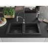 Mexen Mario granite double-bowl sink with Aster kitchen faucet, black/silver metallic - 6504-73-73450-07-B