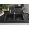 Mexen Mario granite sink 2-bowl with Aster kitchen tap, black/silver metallic - 6504-73-73450-07-B