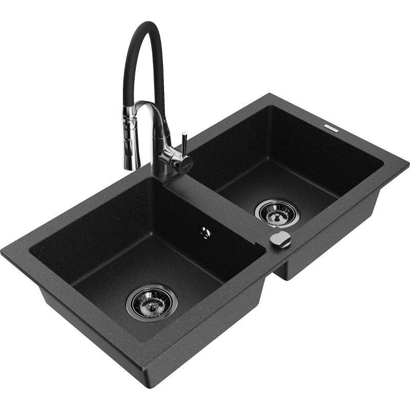 Mexen Mario granite double-bowl sink with Aster kitchen faucet, black/silver metallic - 6504-73-73450-07-B