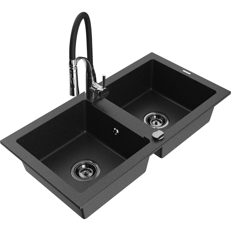 Mexen Mario granite sink 2-bowl with Aster kitchen tap, black/silver metallic - 6504-73-73450-07-B