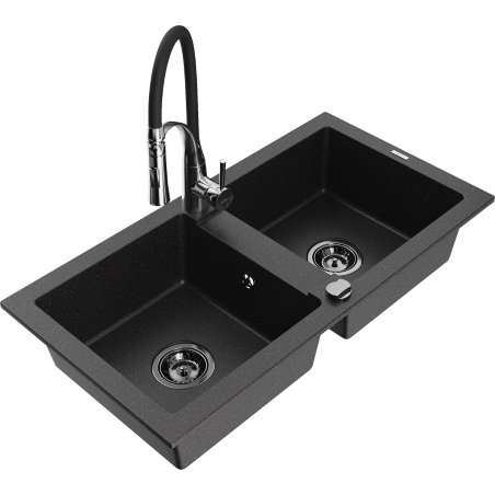 Mexen Mario granite kitchen sink 2-bowl with Aster kitchen faucet, black/silver metallic - 6504-73-73450-07-B