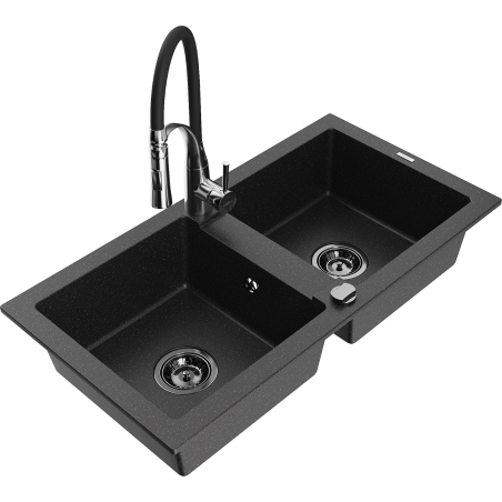 Mexen Mario granite sink 2-bowl with Aster kitchen tap, black/silver metallic - 6504-73-73450-07-B